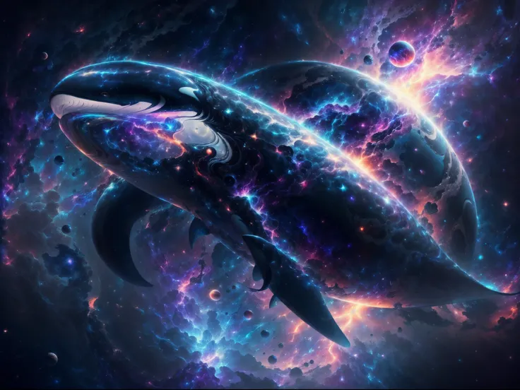 (best quality,4k,8k,highres,masterpiece:1.2),ultra-detailed,(realistic,photorealistic,photo-realistic:1.37),a giant space orca,energy glowing around,cosmic rays,cosmic energy,nebula surrounding,floating in the vast space, color palette best quality,4k,8k,h...