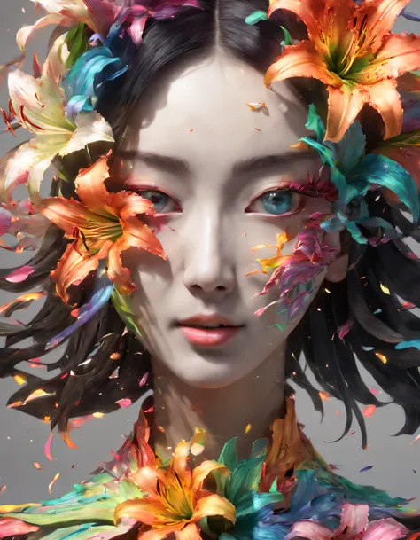 double contact，an explosion of rainbow colored lilies，girl&#39;s frontal close-up，（the lilies：1.1）,rendered by octane，unreal-eng...