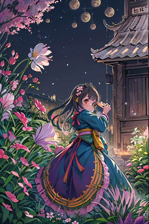 Best Quality, high_resolution, Distinct_image, Detailed background ,girl, hanbok,flower,garden,Moon, Night,Dutch Angle, Wide Shot, diadems,