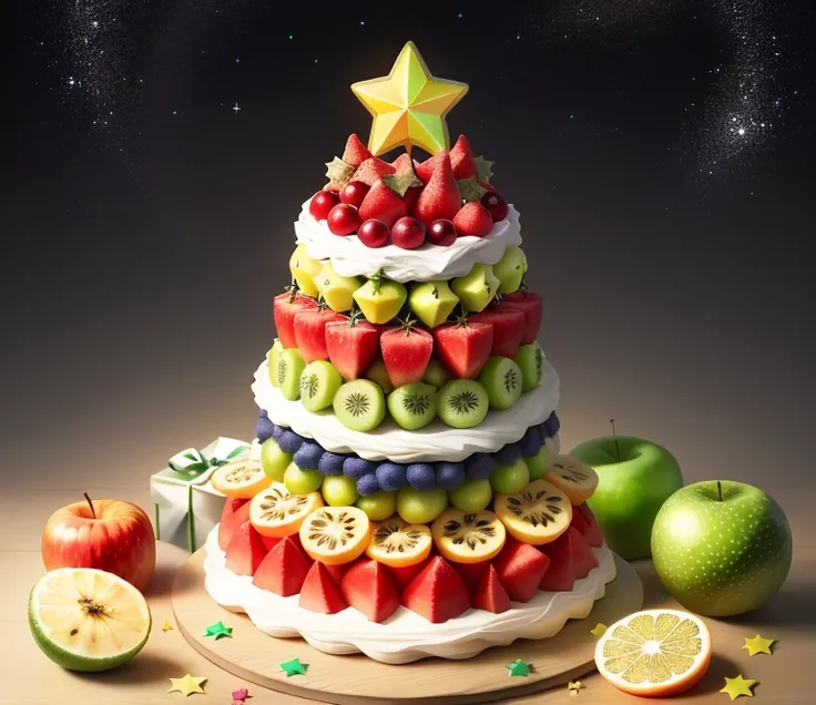 Simple drawling like Christmas tree decorated with bananas, apples, lemons, oranges, watermelon, kiwis and the star ontop be a star frui, rainbow flags and an open empty present