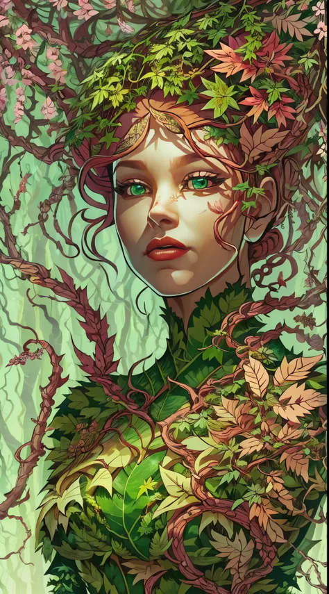 (mother of nature,green skin:green:1.1,red head:1.1) a mesmerizing image of poison ivy comes to life in vivid colors. her beauti...