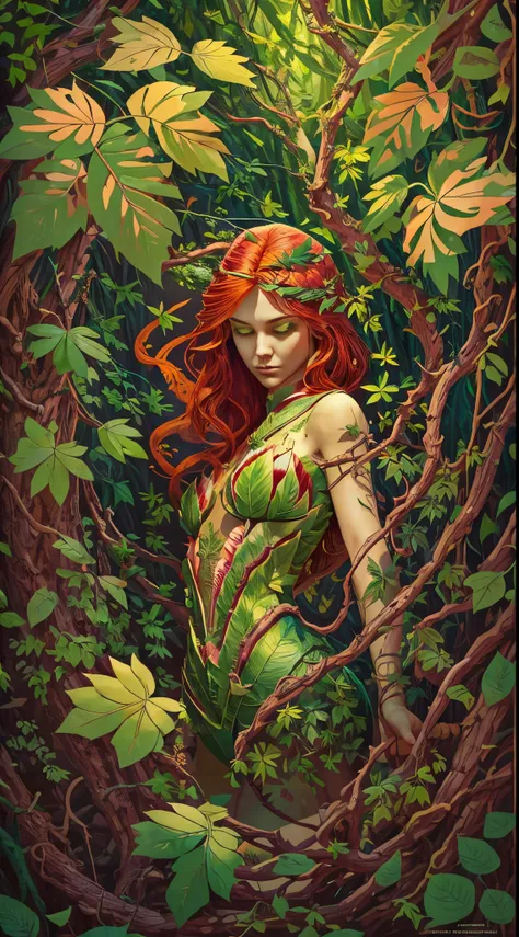 (mother of nature,green skin:green:1.1,red head:1.1) a mesmerizing image of poison ivy comes to life in vivid colors. her beauti...