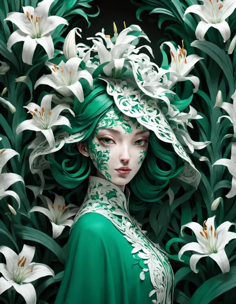 double contact,(girl covered with lilies),(girl wearing lilies),emerald and white,,Rendered by Octane,unreal-engine,Rococo paper cutting,Fantasyart,Surreal