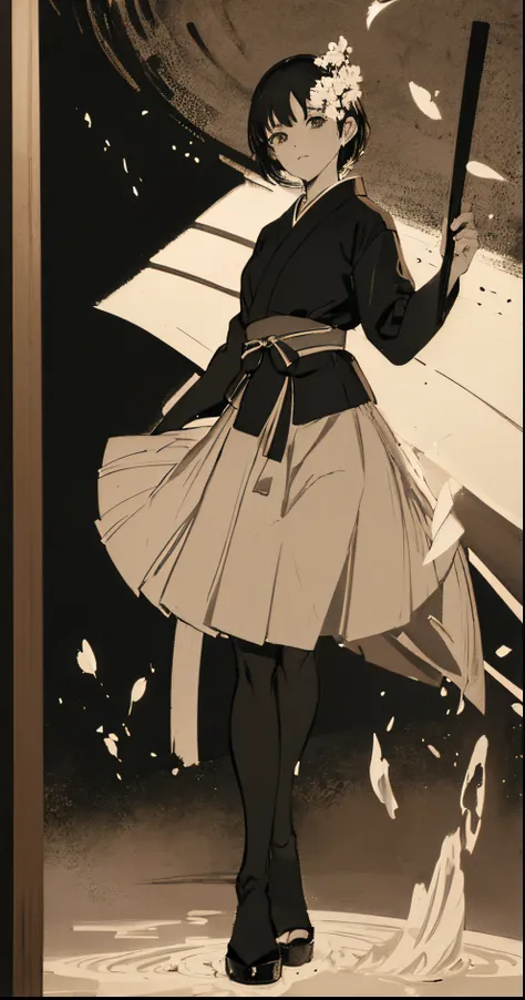 (Agregar escena, Soledad en el lago), lluvia, Sakura, estilo cuaderno de bocetos, dynamic pose, Black atmosphere, boceto realista y rugoso, Boceto aproximado, combination of dark and loose bold lines, bold lines, sobre papel.((Japanese ink painting techni...