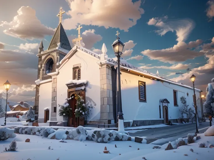 there is a white church with a clock tower and a lamppost, igreja, bispo do rosario, vista externa, monastery, vista Fora, visto de fora, rosalia vila i tobella, Arrendajo em Avila Pinewood, fora, vista frontal, vista frontal, idade, Completo - Vista, alde...