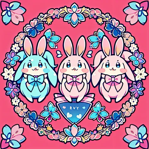 greeting card，(Clear itinerary)，Flat style,(Pink,Blue Themes:1.2),dialogue）airbubble,tip label , The frames,a sticker,the wallpaper,beatiful background,adorable rabbit,adorable rabbit,Bow knot