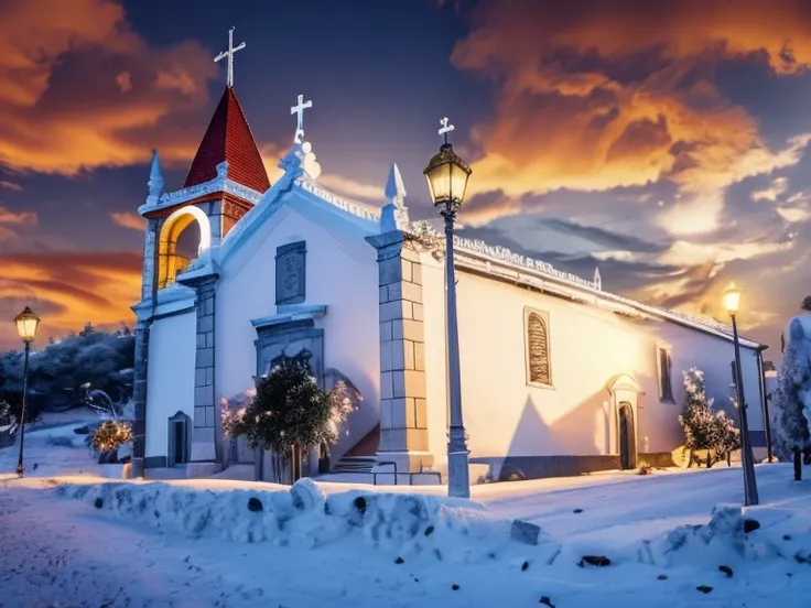 there is a white church with a clock tower and a lamppost, igreja, bispo do rosario, vista externa, monastery, vista Fora, visto de fora, rosalia vila i tobella, Arrendajo em Avila Pinewood, fora, vista frontal, vista frontal, idade, Completo - Vista, alde...