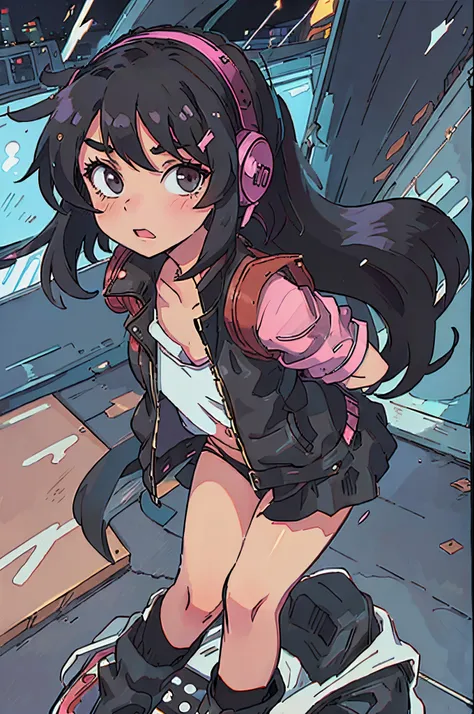 an anime stylish girl wearing headphones, black hair, leather jacket, navel, night street, 1990s anime