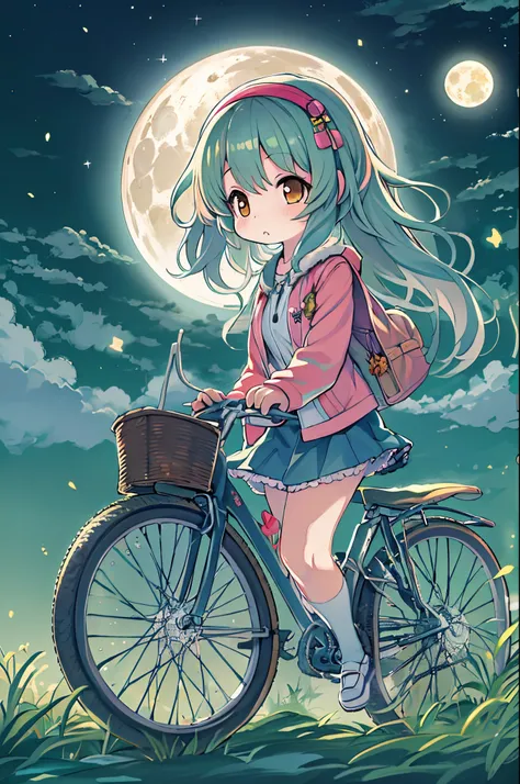 Anime girl riding a bicycle in the moonlight with a full moon in the background, anime moe art style, Mikudayo, Chibi Anime Girl, Chibi Girl, anime chibi, watercolor Nendoroid, Cute anime girl, (Anime Girl), Chibi Art, Cute art style, Anime visuals of cute...