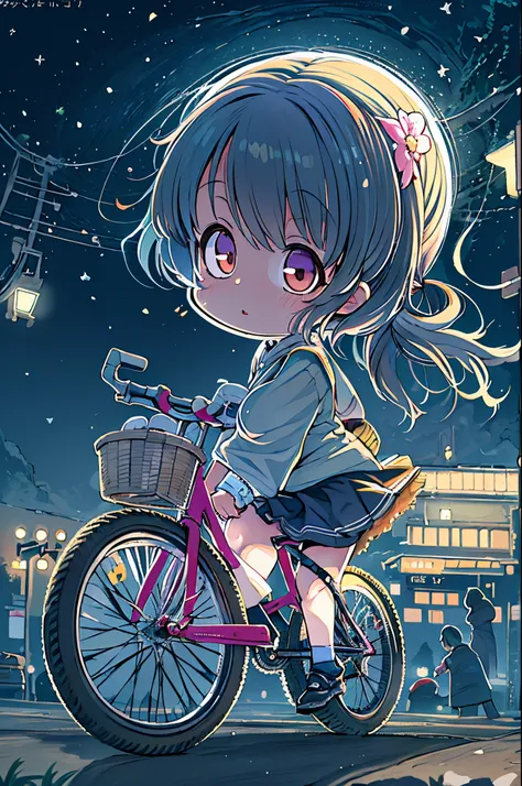 Anime girl riding a bicycle in the moonlight with a full moon in the background, anime moe art style, Mikudayo, Chibi Anime Girl, Chibi Girl, anime chibi, watercolor Nendoroid, Cute anime girl, (Anime Girl), Chibi Art, Cute art style, Anime visuals of cute...