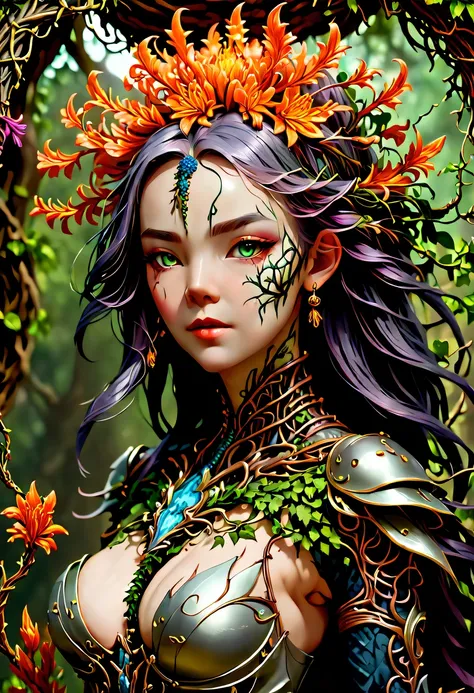 A magical girl whose body is made of vines, plant witch，Vine Queen，Witch of Thorns，Vines weave into a sculpture of a girl，vines woven into clothing，(Crazy vines intricate:1.3)，(Lycoris close-up:1.5)，Flower of the other shore is charming，Mysterious Manzhu S...