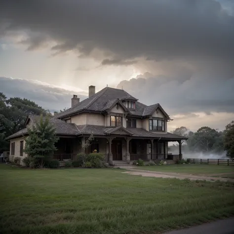 a 4 megapixel color photo of a mansion nestled between ancient oaks and fog-draped hills with a looming dark cloud and lightning over it