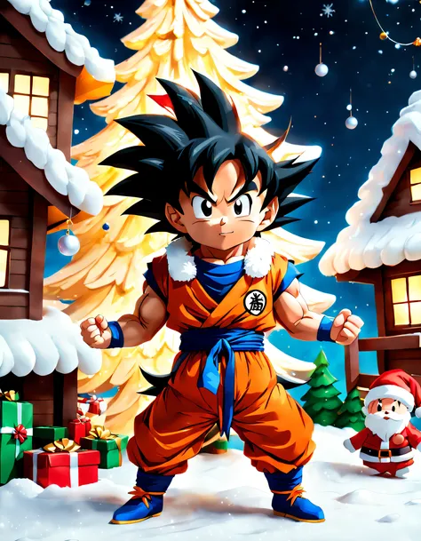 ((32k uhd high detail, 16k HDR cinematic art)) Incredible quality in 4K resolution, chibi style with Christmas elements. | ((Goku, transformed into Super Saiyan)), takes on an adorable chibi style while wearing Santa Clauss outfit. He is at the entrance of...
