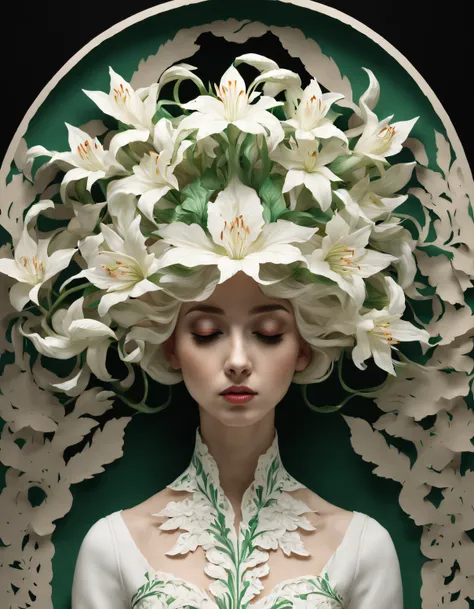 amy judd style，（girl covered with lilies），（girl wearing lilies），（lily hair），emerald and white，,rendered by octane，unreal-engine，...