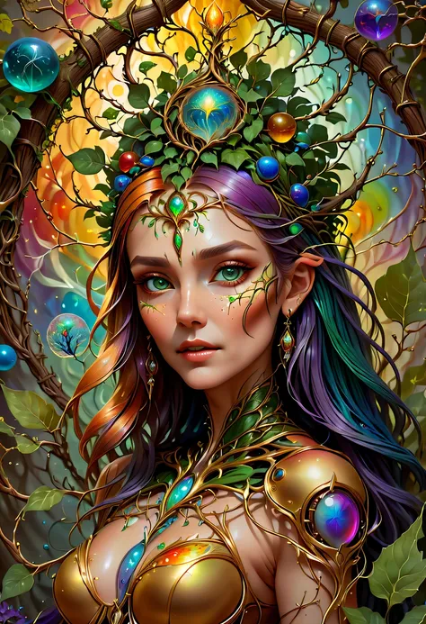 Plant Maiden，Vine Princess，Witch of Thorns，Beautiful line art photo，Use gold strokes and rainbow paint，Golden Maiden，the golden ratio，Melted wax，Visible brush strokes，surrounded by crystal spheres，3D Mosaic Wireframe，neuroimaging，neurons，The Tree of Life，c...