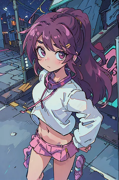 an anime stylish girl with a headphone, navel, night street, 1990s anime