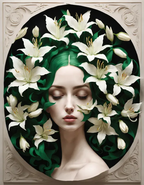 amy judd style，（girl covered with lilies），（girl wearing lilies），（lily hair），emerald and white，,Rendered by Octane，unreal-engine，Rococo paper cutting，Fantasyart，Surreal