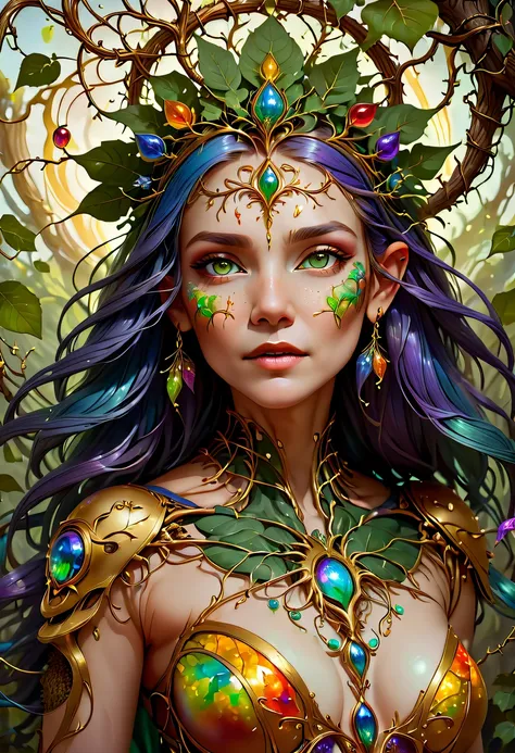 Plant Maiden，Vine Princess，Witch of Thorns，Beautiful line art photo，Use gold strokes and rainbow paint，Golden Maiden，the golden ratio，Melted wax，Visible brush strokes，surrounded by crystal spheres，3D Mosaic Wireframe，neuroimaging，neurons，The Tree of Life，c...