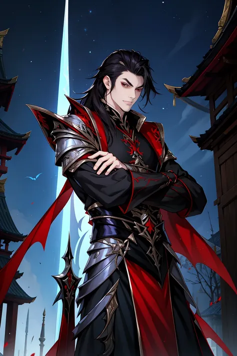 vampire man, Hanfu, long sword, cabelos preto e longos, red eyes，Shoulder armor，Shoulder hugs，clothes details，natta，starrysky，rays of moonlight，Asian architecture，Best quality at best，16k,tmasterpiece，