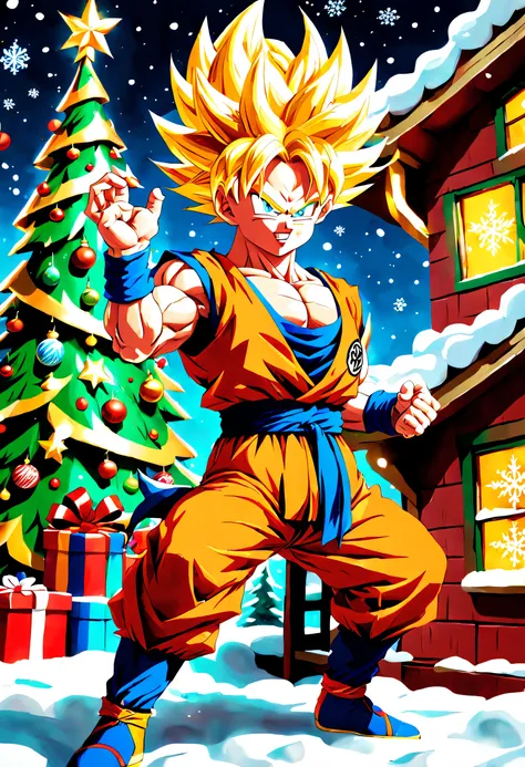 Incredible quality in 4K resolution, TATTO style with Christmas elements. | ((Goku, transformed into Super Saiyan)), takes on an adorable chibi style while wearing Santa Clauss outfit. He is at the entrance of Santas festively decorated house, holding a ba...