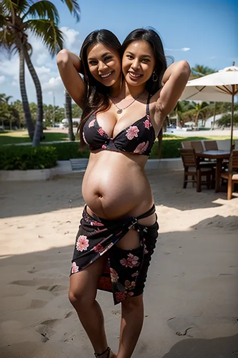 DSLR candid photo of beautiful mature pretty sexy woman filipina asian, young mother, milf, mom, black bikini, skirt, long hair, floral pattern, hoop earrings, necklace, brown skin, smiling, coy smile, full lips, looking at viewer, pretty eyes, standing, o...