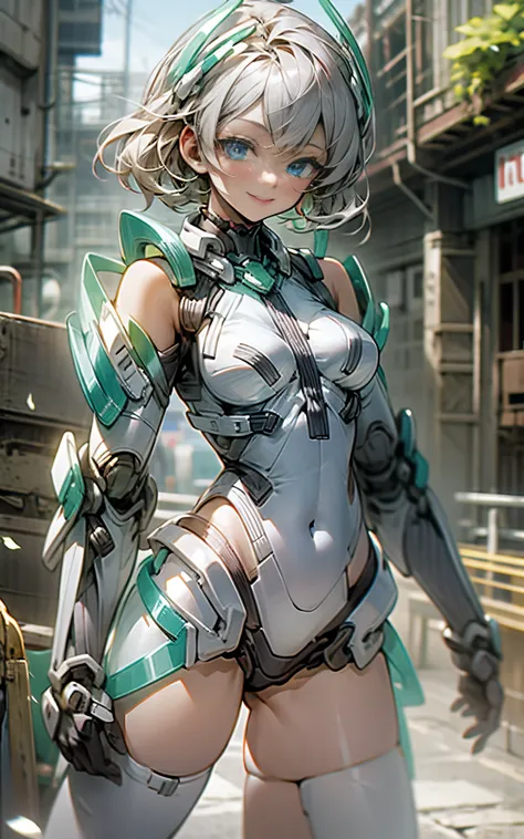 lightsmile, deva battle suit, Outdoors, Silver hair, bobhair, Blue eyes, waist shot