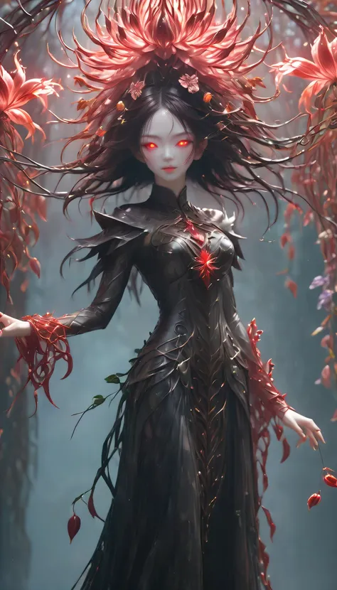 A magical girl whose body is made of vines, plant witch，Vine Queen，Witch of Thorns，The vines weave into a girl&#39;body，vines woven into clothing，(Lycoris close-up:1.5)，Flower of the other shore is charming，Mysterious Manzhu Shahua，Bloody ghost flowers blo...