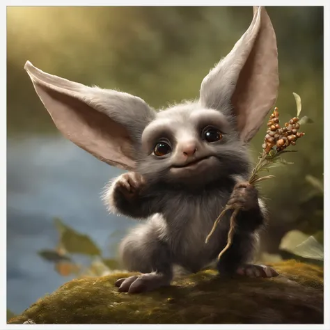 gremlin, mole-like, bright silver and brown, long tail, large ears, covered with silver fur, water, stands on the shore, Best Quality, Masterpiece, in style of dark fantasy art, gremlin, mole-like, holding a huge acorn in his paws, bright silver and brown,...