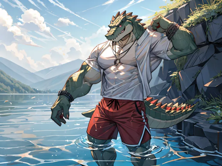 furry,bara,crocodile,masculine,timid, red eyes,muscular,no shirt..,he wore tight dark red swimming trunks..,standing by the lake