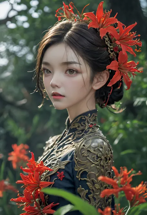 The vines weave into a girl,plant witch，Vine Queen，Witch of Thorns，The vines weave into a girl&#39;body，vines woven into clothing，(Lycoris close-up:1.5)，Flower of the other shore is charming，Mysterious Manzhu Shahua，Bloody ghost flowers blooming at the gat...