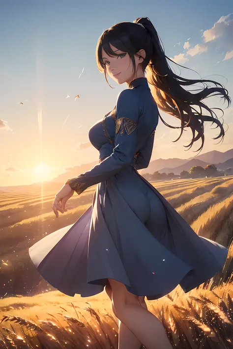 a beautiful  woman, (((1 girl, Alone, jogging, (wheat field), Turn around, eBlue eyes, Long blue dress, medieval times, medieval clothing, long sleeve sunset, light from behind, shadows on characters, ssmile, giggles, (blue-sky), Against the background of ...