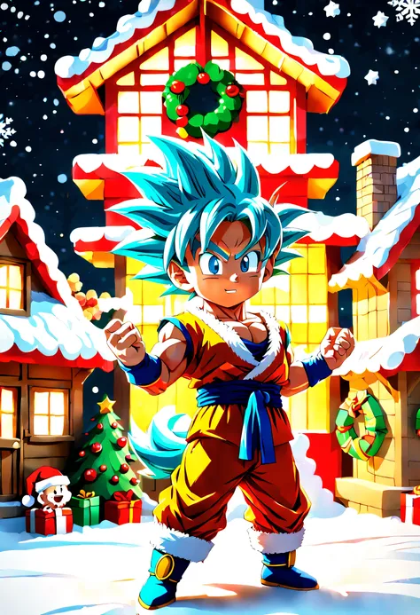 incredible quality in 4k resolution, chibi style with christmas elements. | ((goku, transformed into super saiyan)), takes on an...