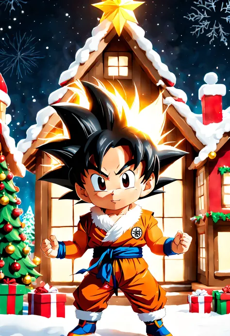 incredible quality in 4k resolution, chibi style with christmas elements. | ((goku, transformed into super saiyan)), takes on an...