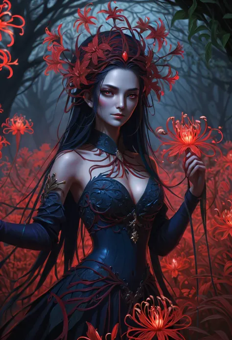 The vines weave into a girl,plant witch，Vine Queen，Witch of Thorns，(Lycoris close-up:1.5)，Flower of the other shore is charming，Mysterious Manzhu Shahua，Bloody ghost flowers blooming at the gate of hell，Leading the soul to the afterlife，Evil charm，Flirtati...