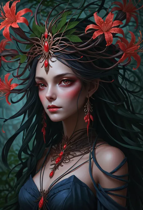 The vines weave into a girl,plant witch，Vine Queen，Witch of Thorns，(Lycoris close-up:1.5)，Flower of the other shore is charming，Mysterious Manzhu Shahua，Bloody ghost flowers blooming at the gate of hell，Leading the soul to the afterlife，Evil charm，Flirtati...