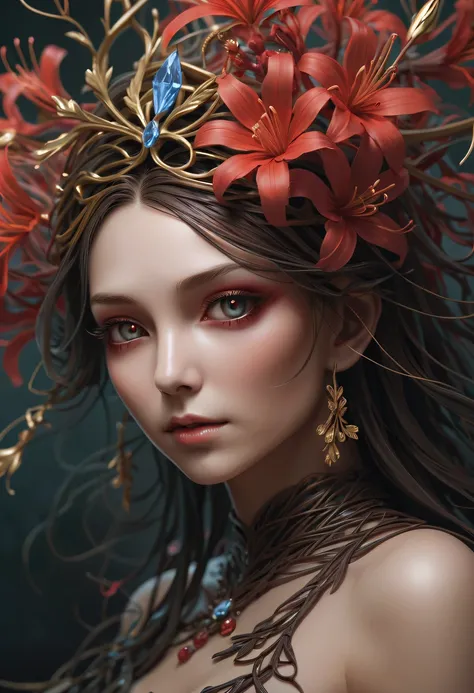 The vines weave into a girl,(Lycoris close-up:1.5)，Flower of the other shore is charming，Mysterious Manzhu Shahua，Bloody ghost flowers blooming at the gate of hell，Leading the soul to the afterlife，Evil charm，Flirtatious，Excellent，witch womloy iron flower，...