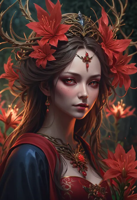 The vines weave into a girl,(Lycoris close-up:1.5)，Flower of the other shore is charming，Mysterious Manzhu Shahua，Bloody ghost flowers blooming at the gate of hell，Leading the soul to the afterlife，Evil charm，Flirtatious，Excellent，witch womloy iron flower，...