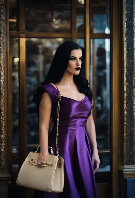 A photo of the character browsing through a rare collection of vintage designer handbags at an exclusive boutique.,original,She has long, ebony black hair with purple streaks and red tips, icy blue eyes "like limpid tears" (even when theyve mysteriously tu...