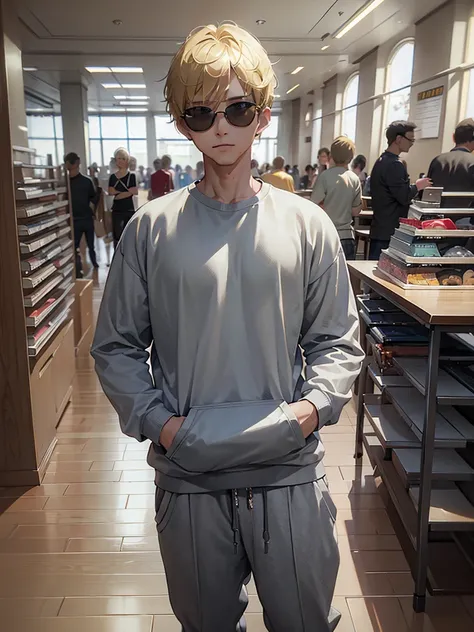 (masterpiece, best quality), best resolution, blonde, gray sweatshirt, male, gray sweatpants, sunglassea