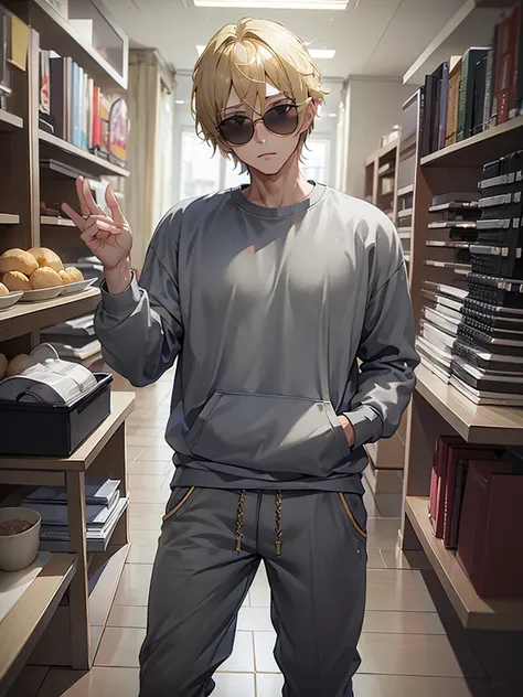 (masterpiece, best quality), best resolution, blonde, gray sweatshirt, male, gray sweatpants, sunglassea