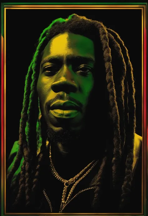 Create a logo with the head of a black man with dreadlocks in black colors, verde, amarelo e vermelho (olhando para a frente) , imagem estilo logomarca , Sober, (fundo preto), Image with resolution of at least 300dpi, UHD 8k, Very high quality for excellen...