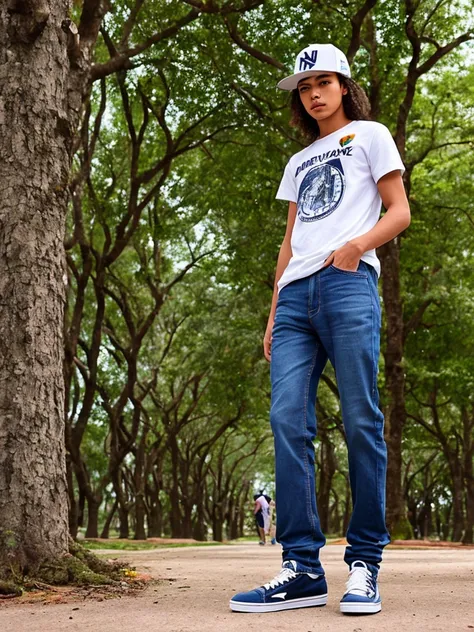 Make a young Brazilian, indigena, dressed in jeans, camiseta branca com desenho de skate, wearing NY cap, e usando um tenis Jordan e que esteja passeando em um parque bem arborizado