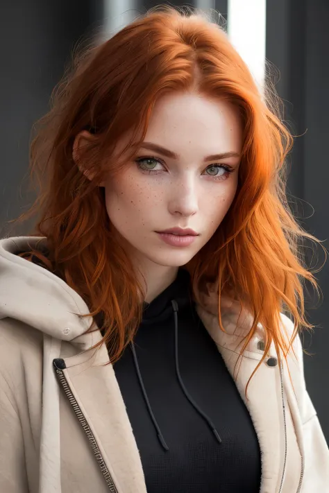 a photo of a seductive woman with loose styled (redhead hair:1.1), bored, she is wearing a hoodie and black leather jacket and leggings, mascara, (textured skin, skin pores:1.1), (moles:0.8), imperfect skin, goosebumps, flawless face, (light freckles:0.9),...