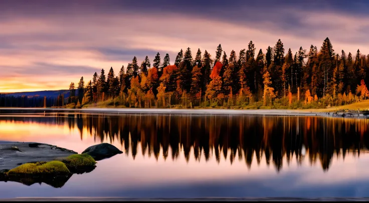 tranquil fall sunset over reflective lake nestled by forests, cinematic, dramatic, golden hour, landscape, surrealist, beautiful...