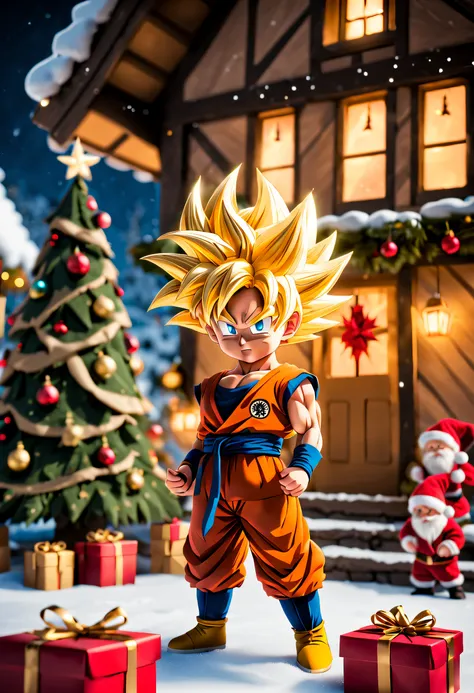 anime CGI, ((32k uhd high detail, 16k HDR cinematic art)) Incredible quality in 4K resolution, tatto style with Christmas elements. | ((Goku, transformed into Super Saiyan)), takes on an adorable tatto style while wearing Santa Clauss outfit. He is at the ...