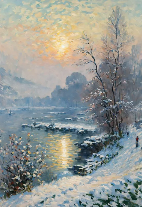 by Claude Monet, winter, Enhance, intricate, (best quality, masterpiece, Representative work, official art, Professional, unity 8k wallpaper:1.3)