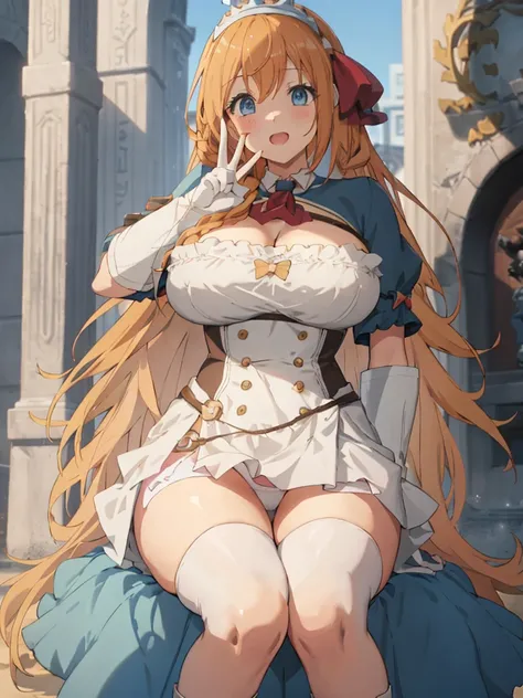 anime screencap, pecorine_(princess connect!), 1girl, solo, orange hair, long hair, light blue eyes, enormous gigantic huge breast, panties, dress, ahoge, sitting on king chair, m-shaped spreading legs, opening legs, making a peace sign with her fingers, d...