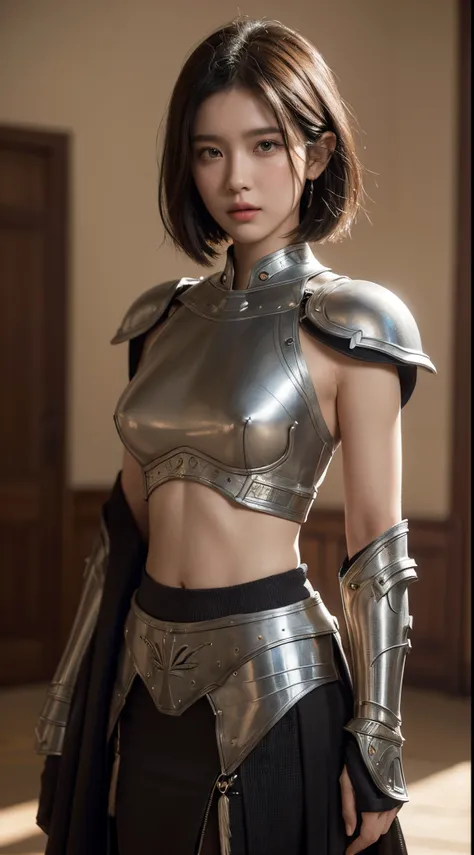 iu1, serious look, bob cut hairstyle, modelshoot style, (extremely detailed CG unity 8k wallpaper), full shot body photo of the most beautiful artwork in the world, medieval armor, professional majestic oil painting by Ed Blinkey, Atey Ghailan, Studio Ghib...