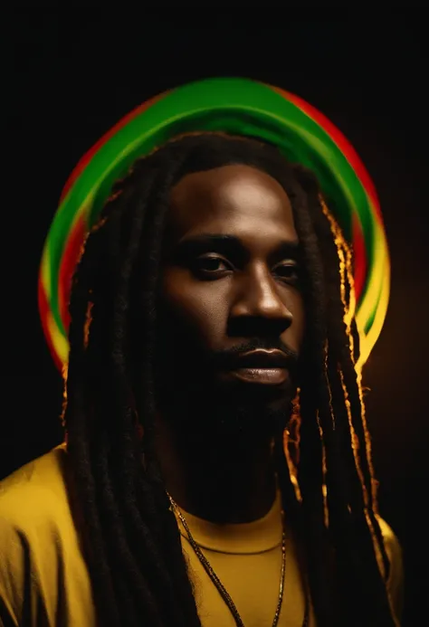 Create a logo with the head of a black man with dreadlocks in black colors, verde, amarelo e vermelho (olhando para a frente) , imagem estilo logomarca , Sober, (fundo preto), Image with resolution of at least 300dpi, UHD 8k, Very high quality for excellen...