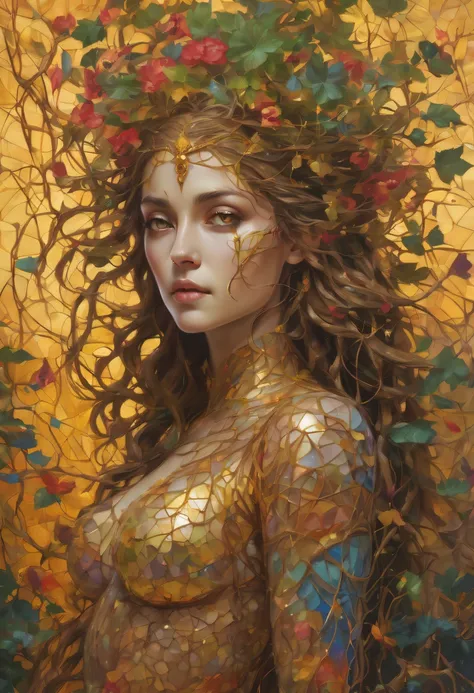 Plant Maiden，Vine Princess，Witch of Thorns，Beautiful line art photo，Use gold strokes and rainbow paint，Golden Maiden，the golden ratio，Melted wax，Visible brush strokes，surrounded by crystal spheres，3D Mosaic Wireframe，neuroimaging，neurons，The Tree of Life，c...